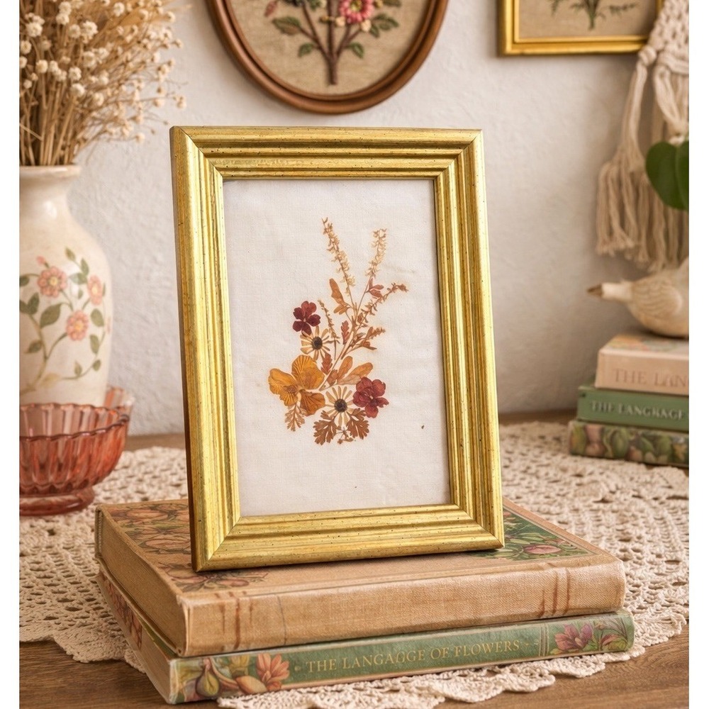 Vintage Gold Framed Dried Pressed Flowers Framed 8.5x7" Boho Granny Cottage Core